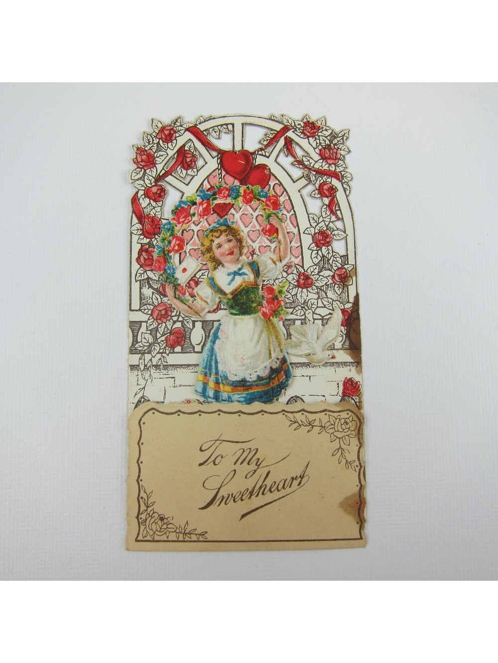 Vintage Valentine 3D Pop Up Die Cut Blonde Girl Blue White Dress Red Flowers